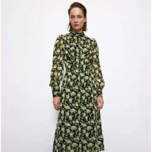 Zara Printed Swiss Dot Floral Long Sleeve Midi Dress Size L